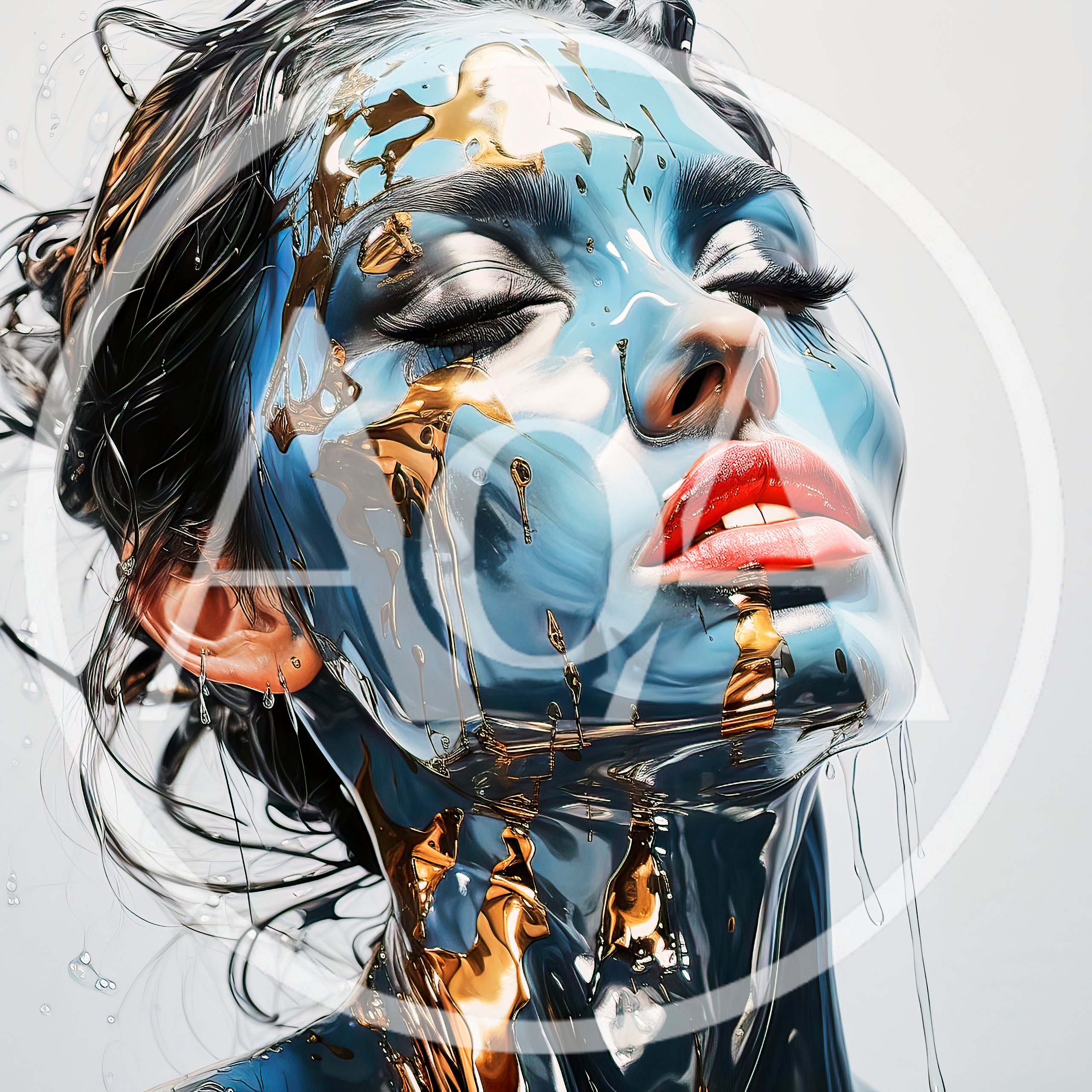 Woman Covered In Blue Paint And Gold Liquid