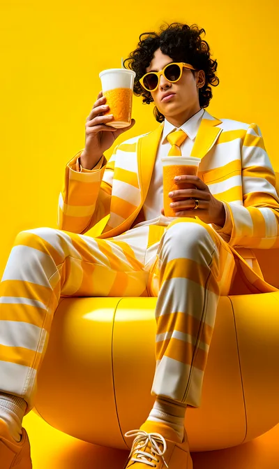 Stylish Young Man In Yellow Striped Suit Drinking Smoothies