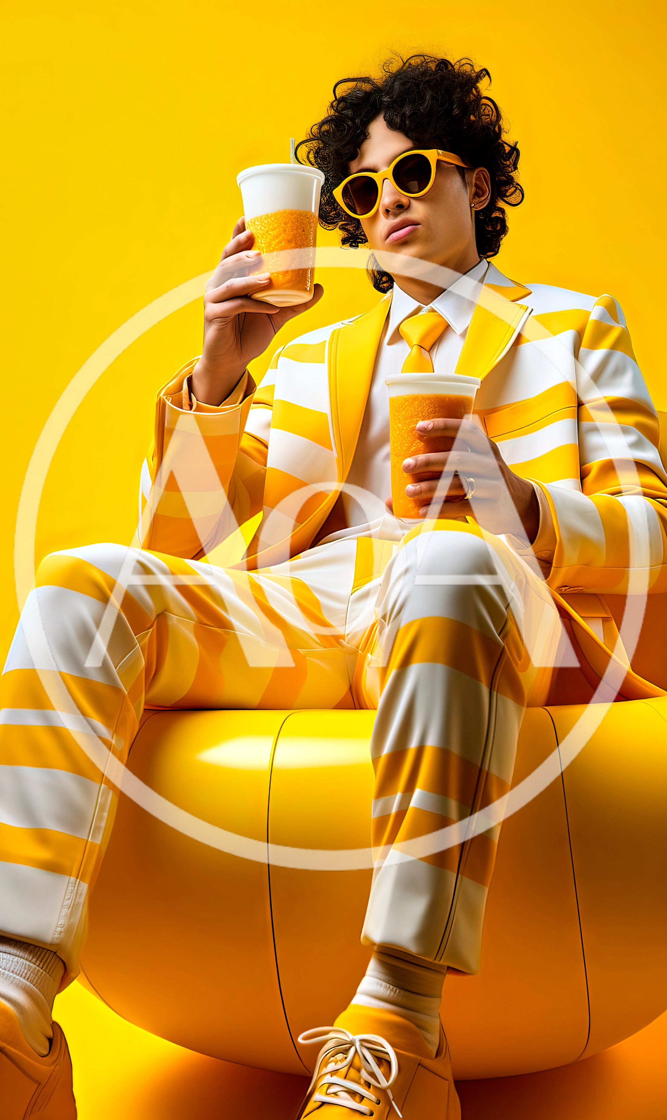 Stylish Young Man In Yellow Striped Suit Drinking Smoothies