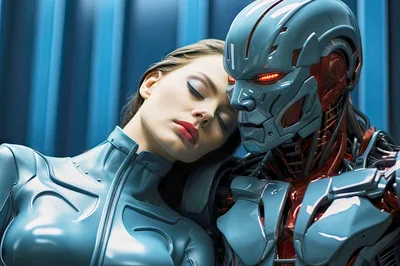 Woman Resting Her Head On A Futuristic Robot