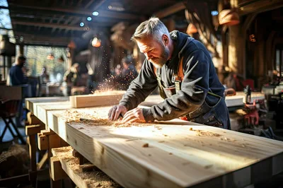 Professional Woodworker Planing A Large Timber Plank