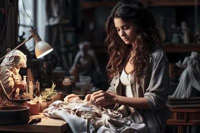 Young Woman Crafting Intricate Lace Fabric In Workshop