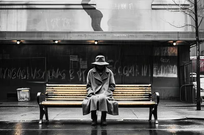 Person In A Trench Coat Sitting On A Bench