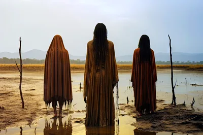 Three Mysterious Figures Standing In A Shallow Lake