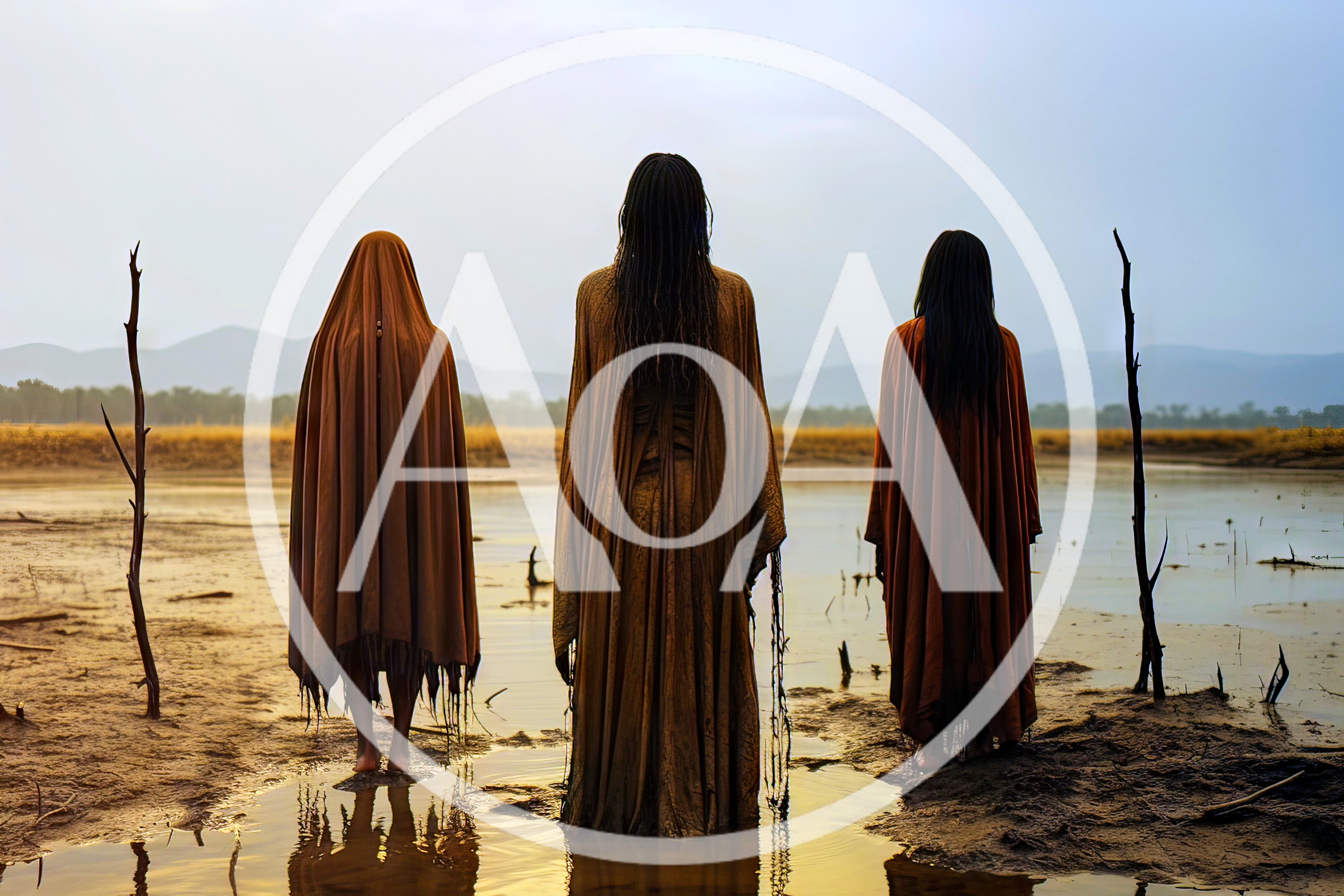 Three Mysterious Figures Standing In A Shallow Lake