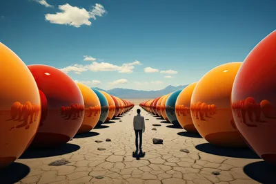 Person Walking Between Rows Of Giant Spheres