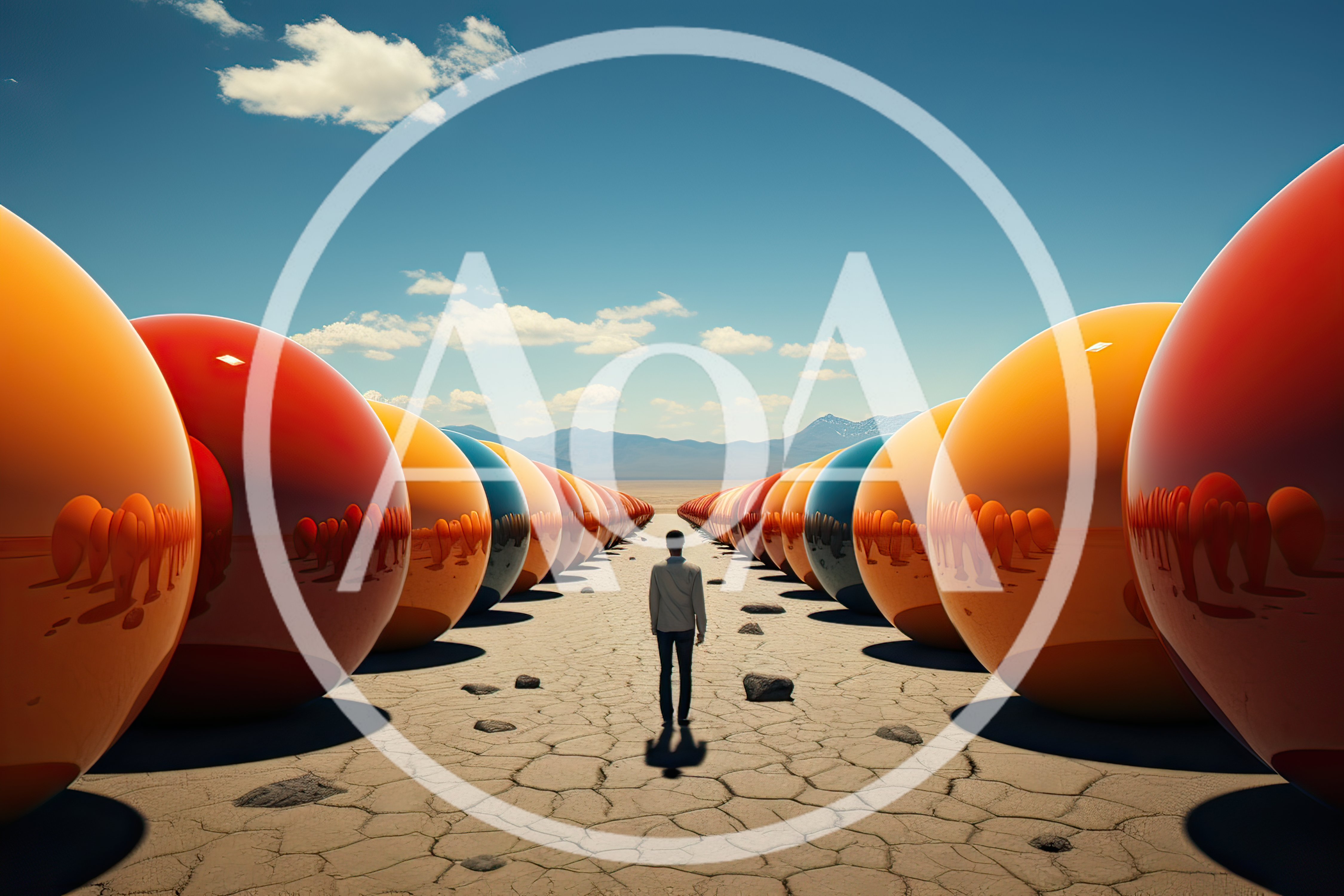 Person Walking Between Rows Of Giant Spheres