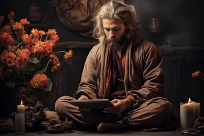 Man With Beard Using Tablet In Dimly Lit Room