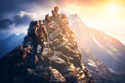 Group Of Mountaineers Climbing A Steep Rocky Ridge