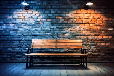 Empty Wooden Bench Against A Brick Wall