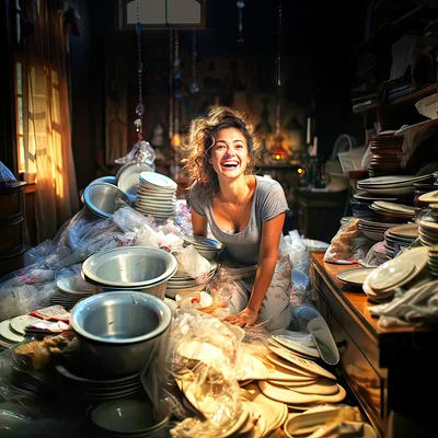 Joyful Woman Surrounded By Stacks Of Ceramic Plates