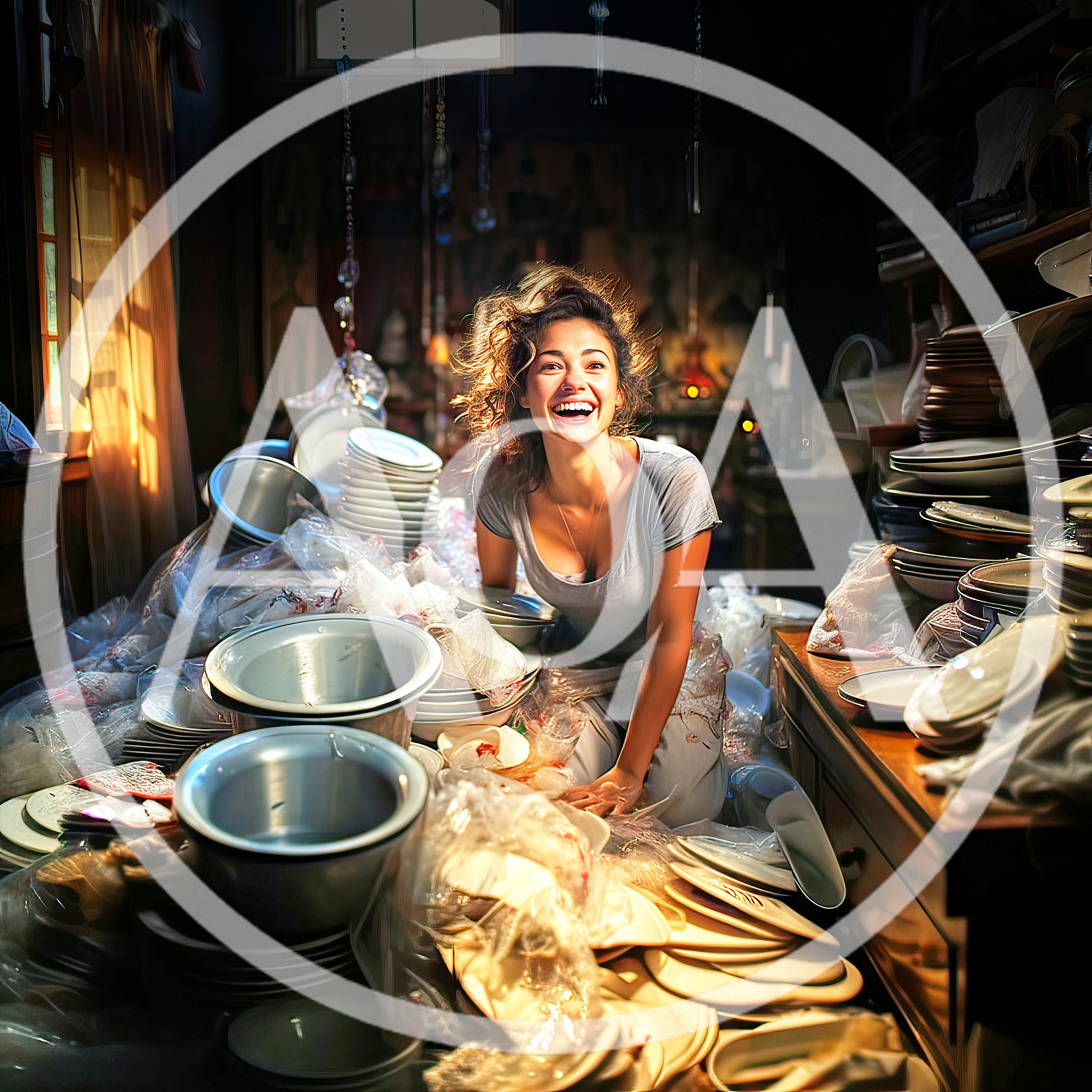 Joyful Woman Surrounded By Stacks Of Ceramic Plates