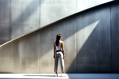 Woman Standing Against Modern Architectural Metal Wall