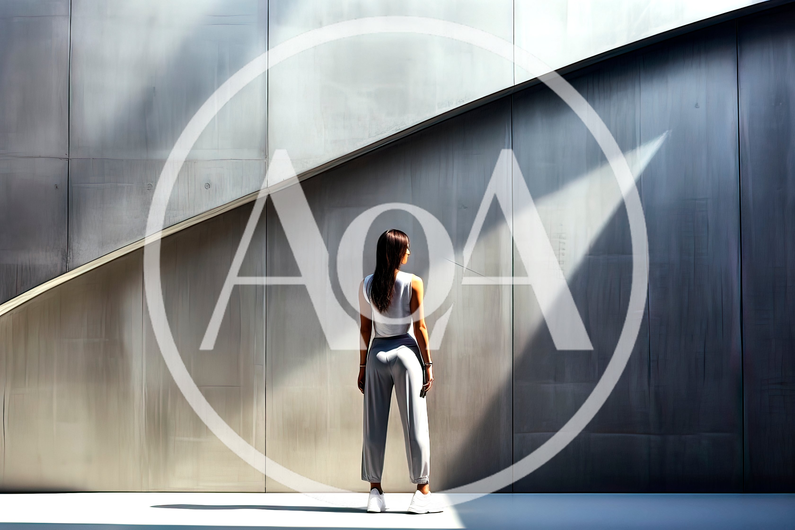 Woman Standing Against Modern Architectural Metal Wall