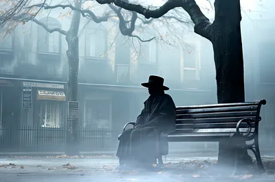 Mysterious Man In Hat Sitting On Park Bench