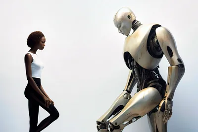 Woman Standing Before A Futuristic Humanoid Robot