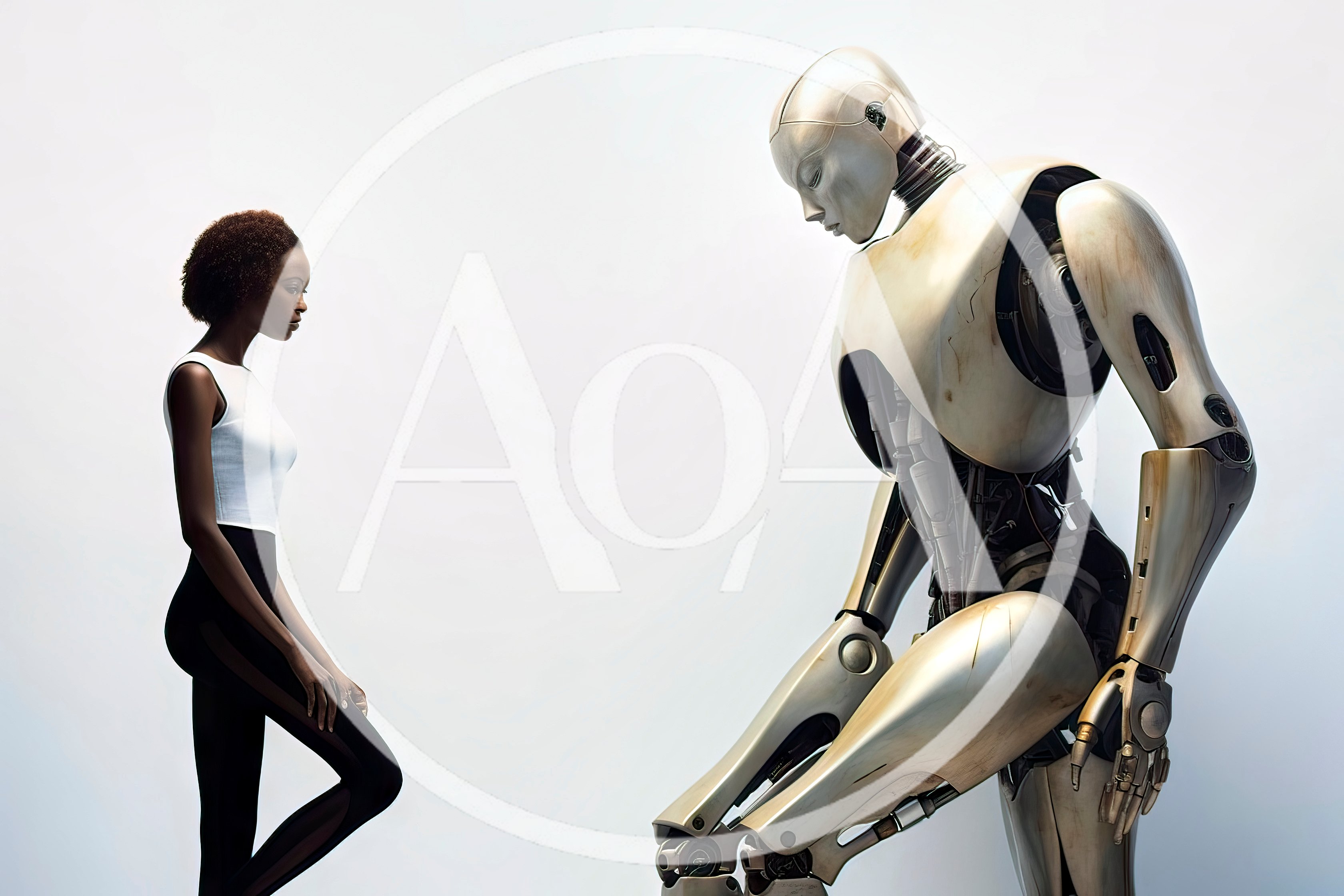 Woman Standing Before A Futuristic Humanoid Robot