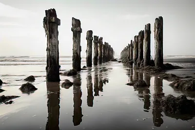 Weathered Wooden Piling Ruins On A Misty Beach