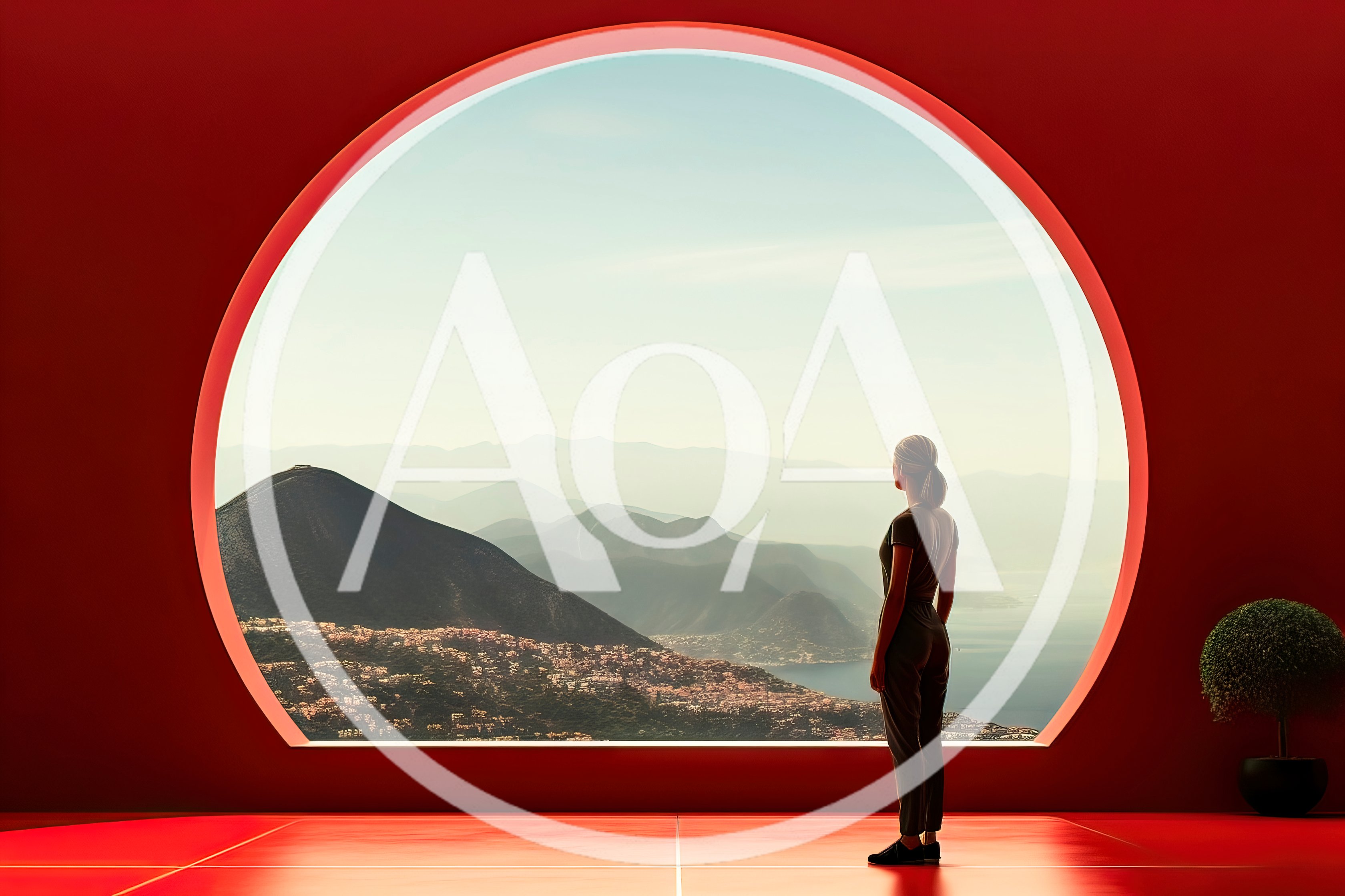 Woman Standing Before A Large Circular Window Overlooking Mountains