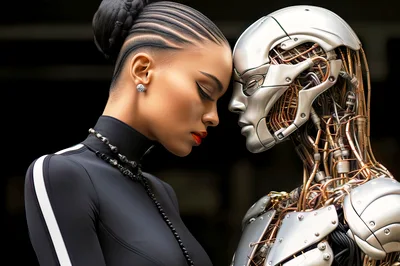 Futuristic Woman Touching Foreheads With Advanced Android Robot