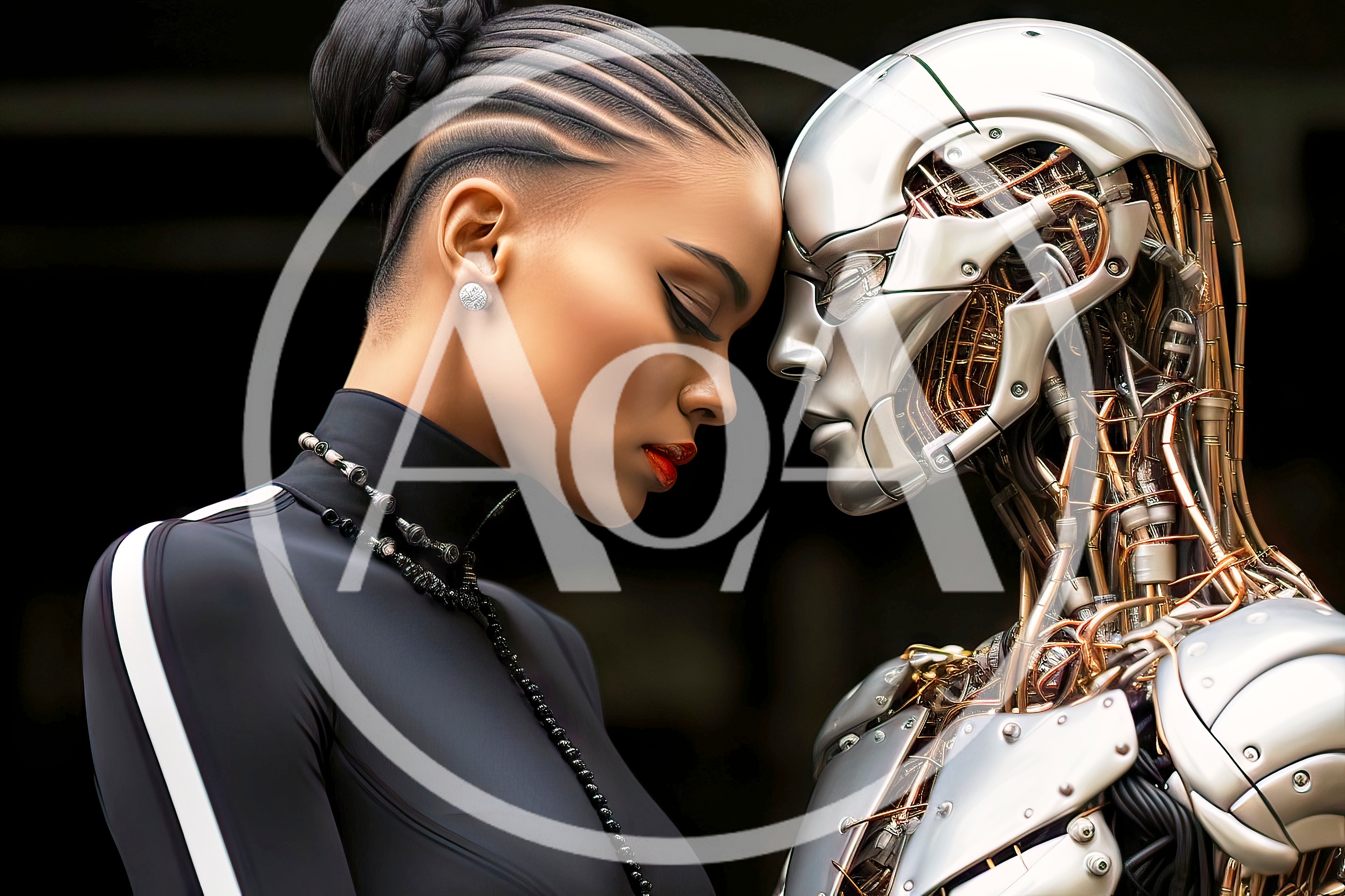 Futuristic Woman Touching Foreheads With Advanced Android Robot