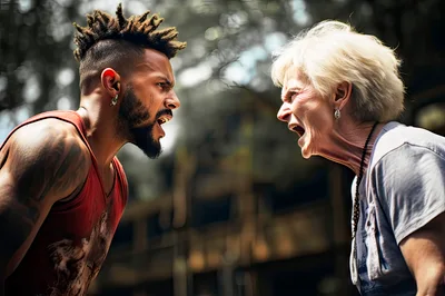 Young Man And Elderly Woman Arguing Face To Face