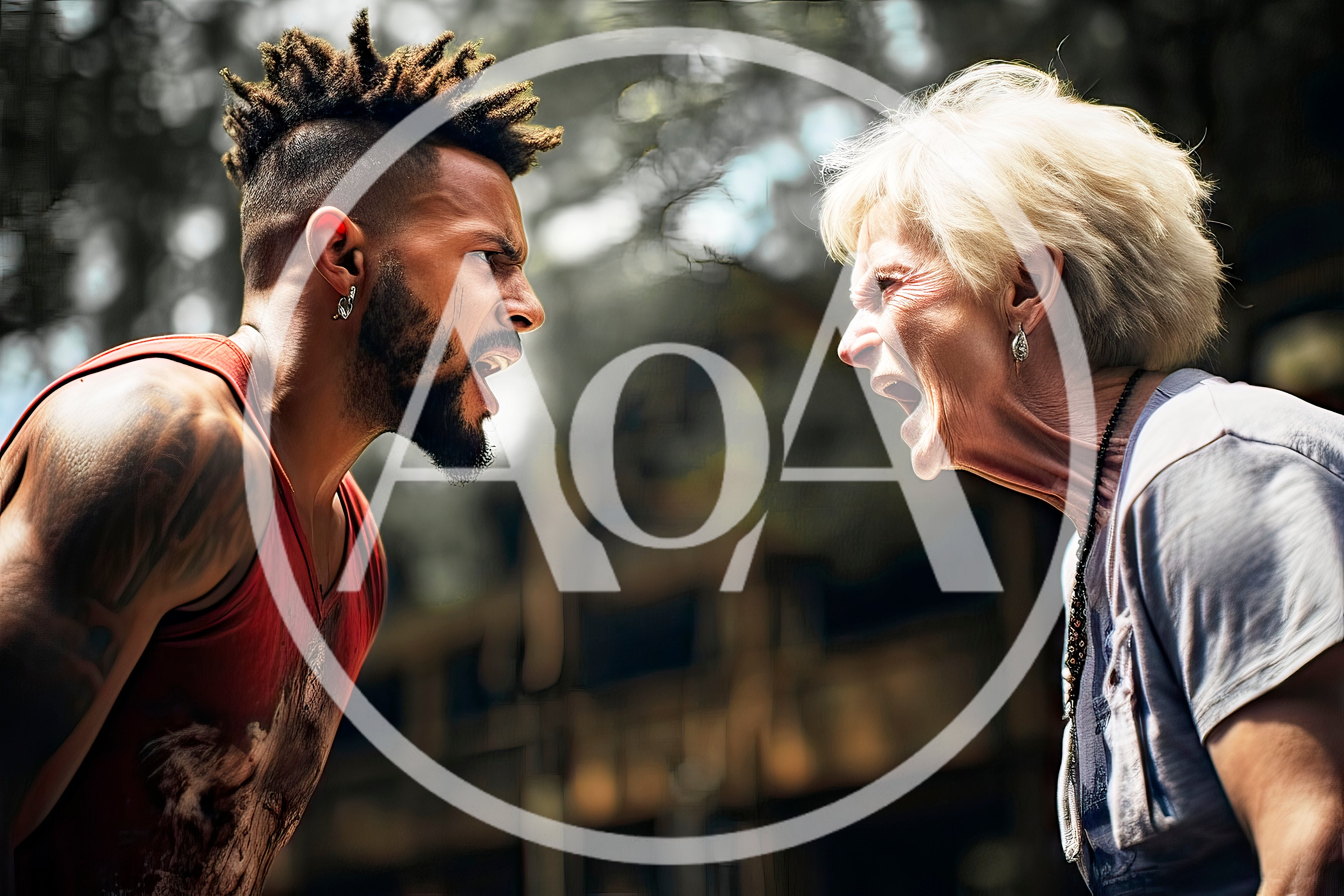 Young Man And Elderly Woman Arguing Face To Face