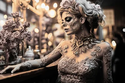 Elegant Woman With Gold Face Mask And Lace Dress
