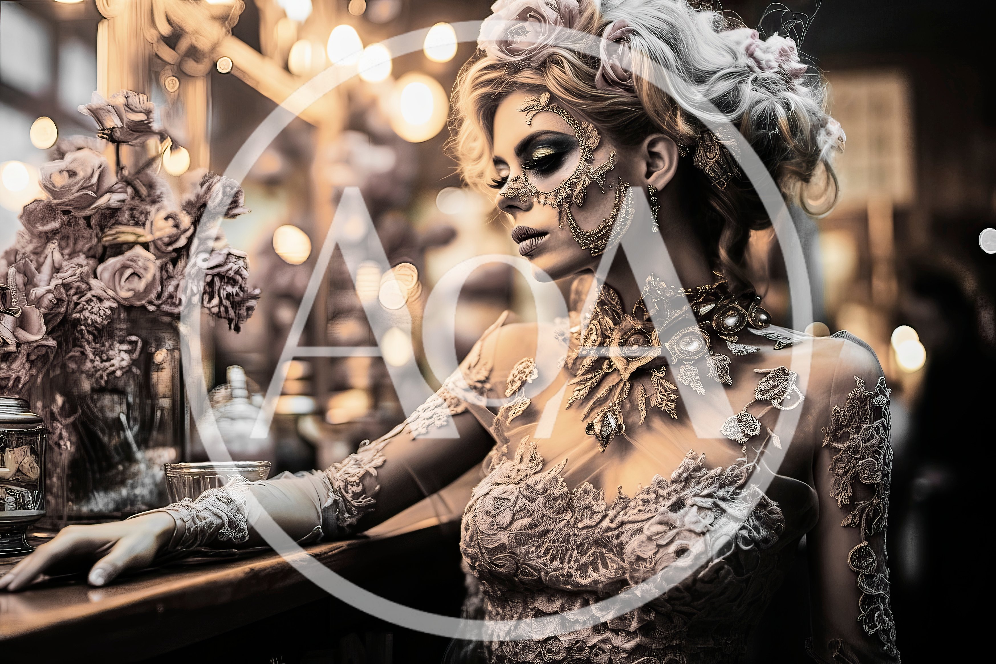 Elegant Woman With Gold Face Mask And Lace Dress
