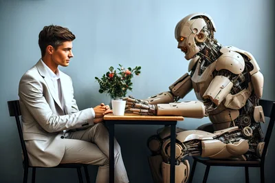 Man In Suit Having A Conversation With A Robot