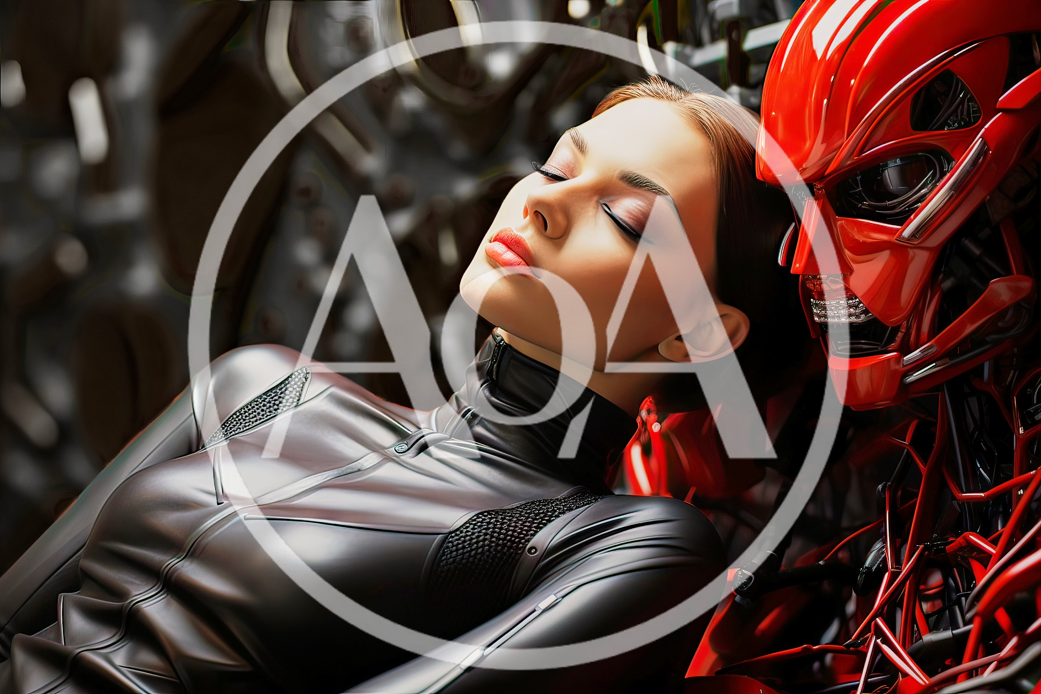 Woman Resting Against A Red Robotic Android