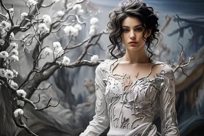 Ethereal Woman In Intricate Silver Gown Near Flowering Tree