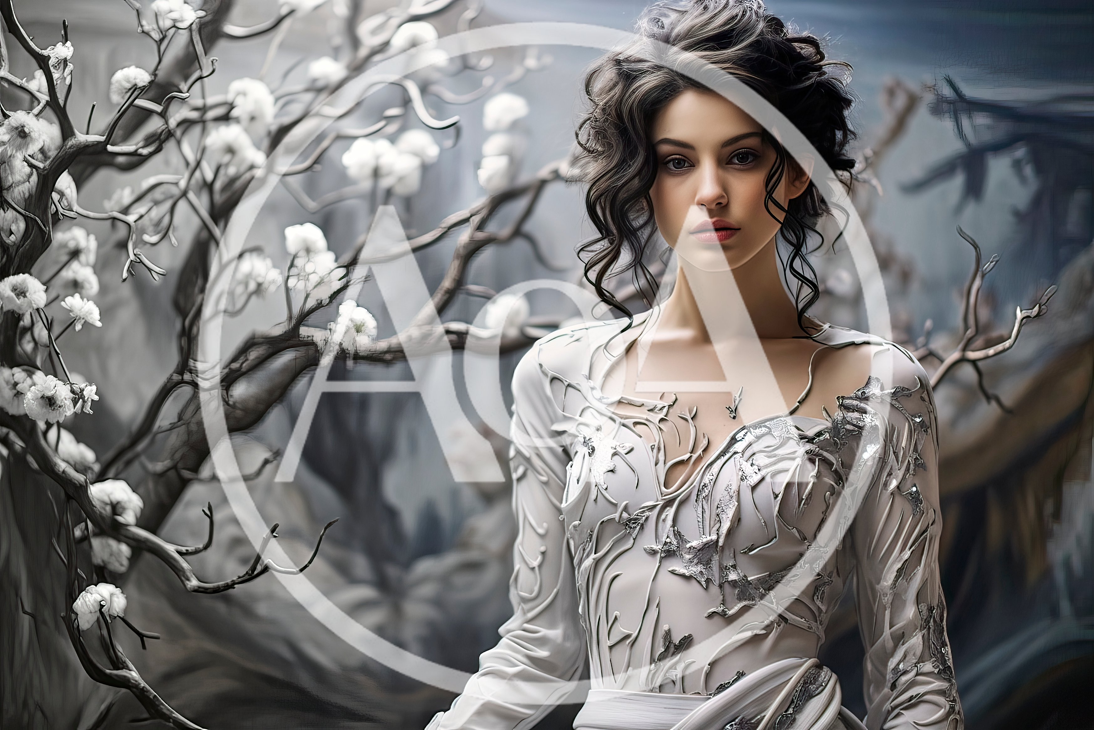 Ethereal Woman In Intricate Silver Gown Near Flowering Tree
