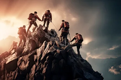 Group Of Mountaineers Climbing A Steep Rocky Peak
