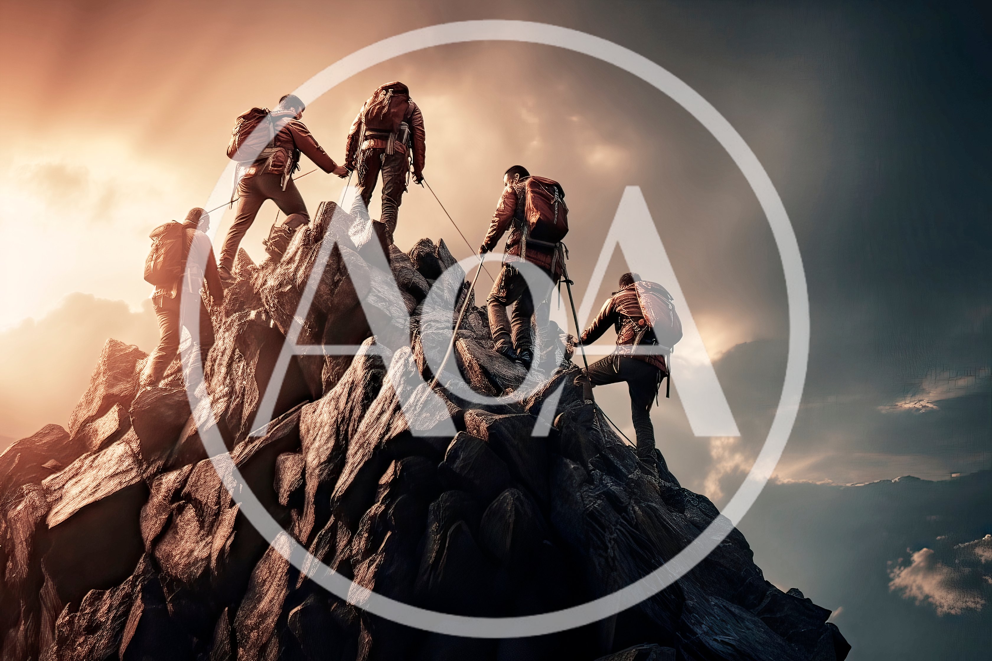 Group Of Mountaineers Climbing A Steep Rocky Peak