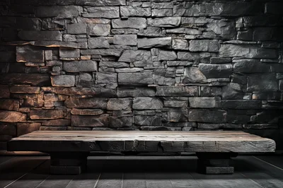 Rustic Wooden Bench Against A Dark Stone Wall