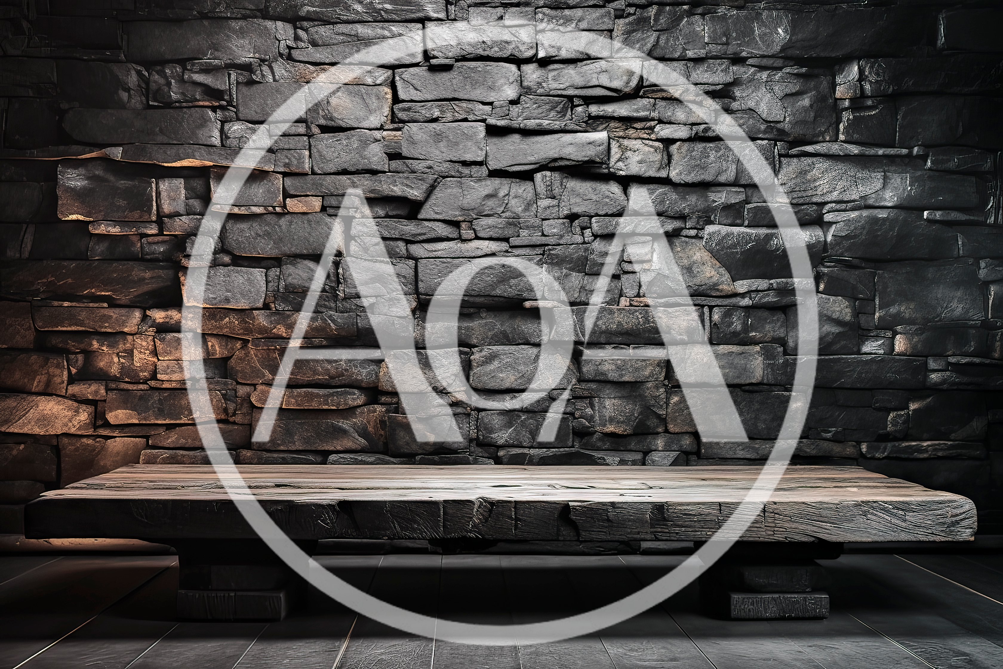 Rustic Wooden Bench Against A Dark Stone Wall