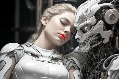 Futuristic Woman Resting Against A Complex Robotic Android