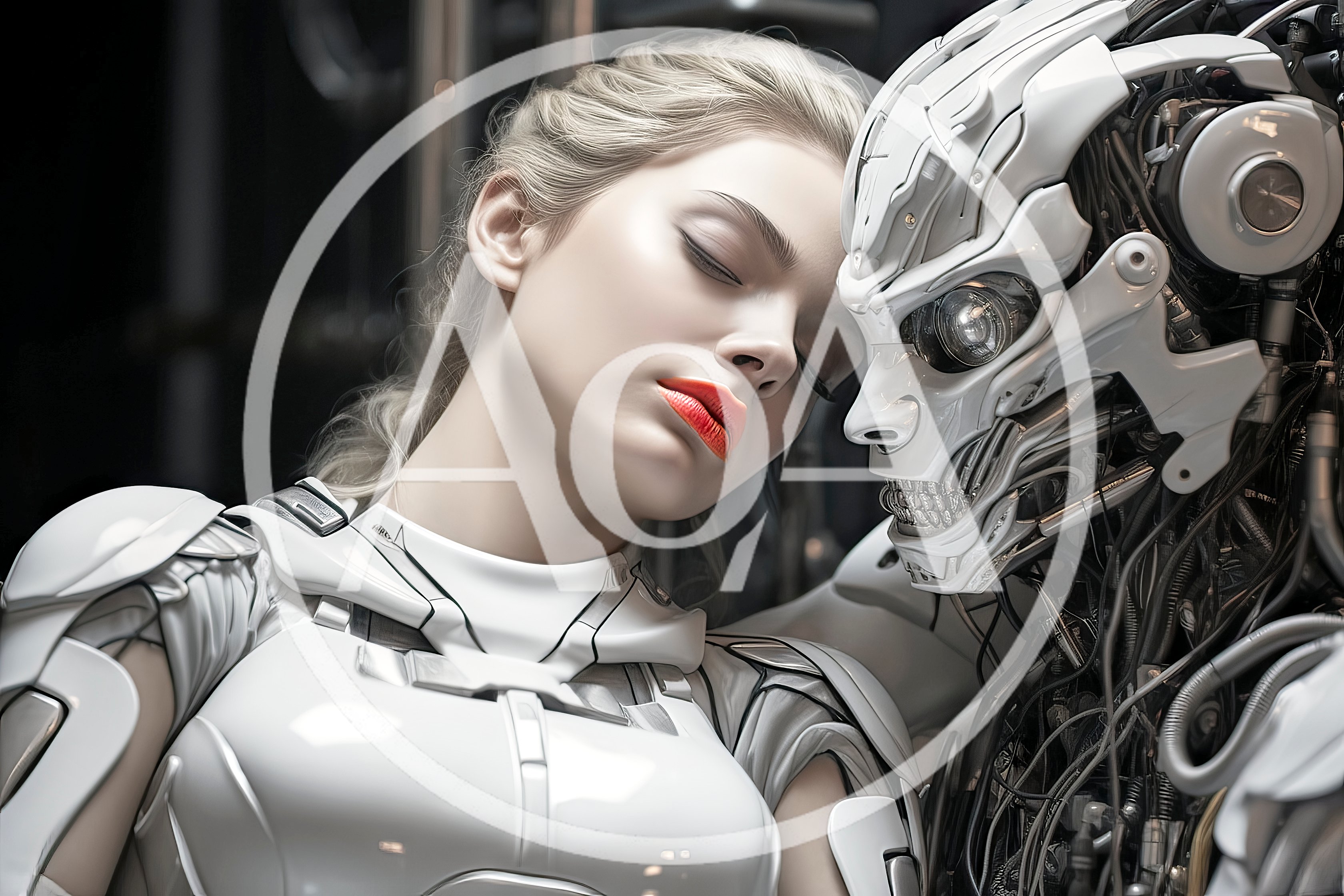 Futuristic Woman Resting Against A Complex Robotic Android