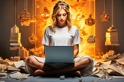 Young Woman Working On Laptop Surrounded By Books