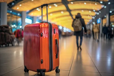 Orange Suitcase Standing In A Busy Airport Terminal