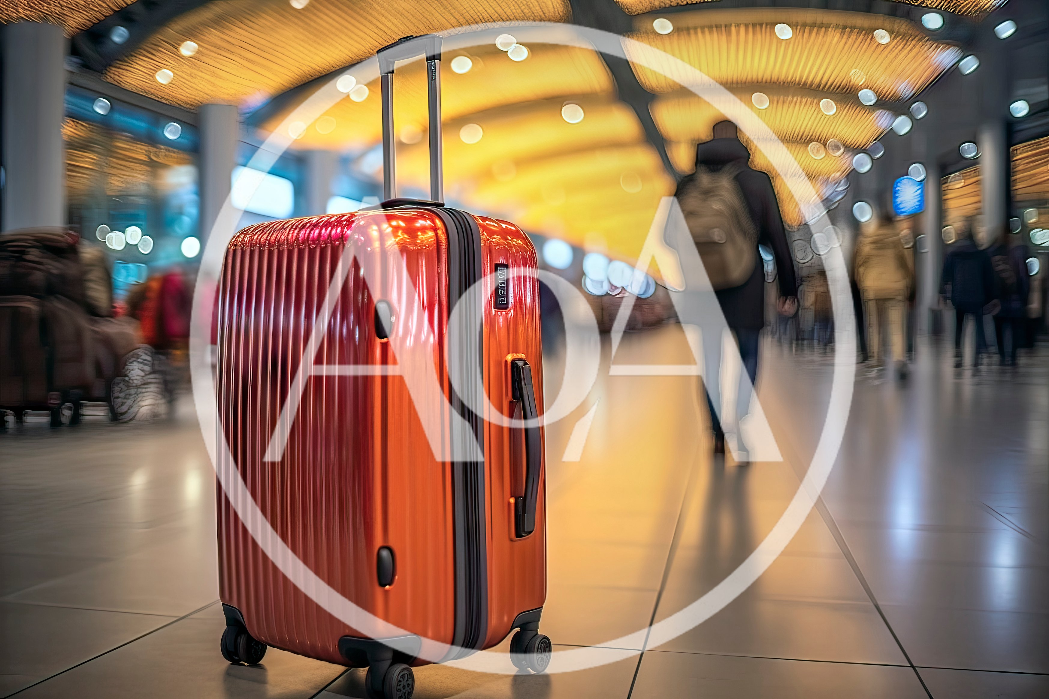 Orange Suitcase Standing In A Busy Airport Terminal
