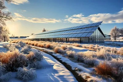 Modern Greenhouse Structure In A Snowy Winter Landscape