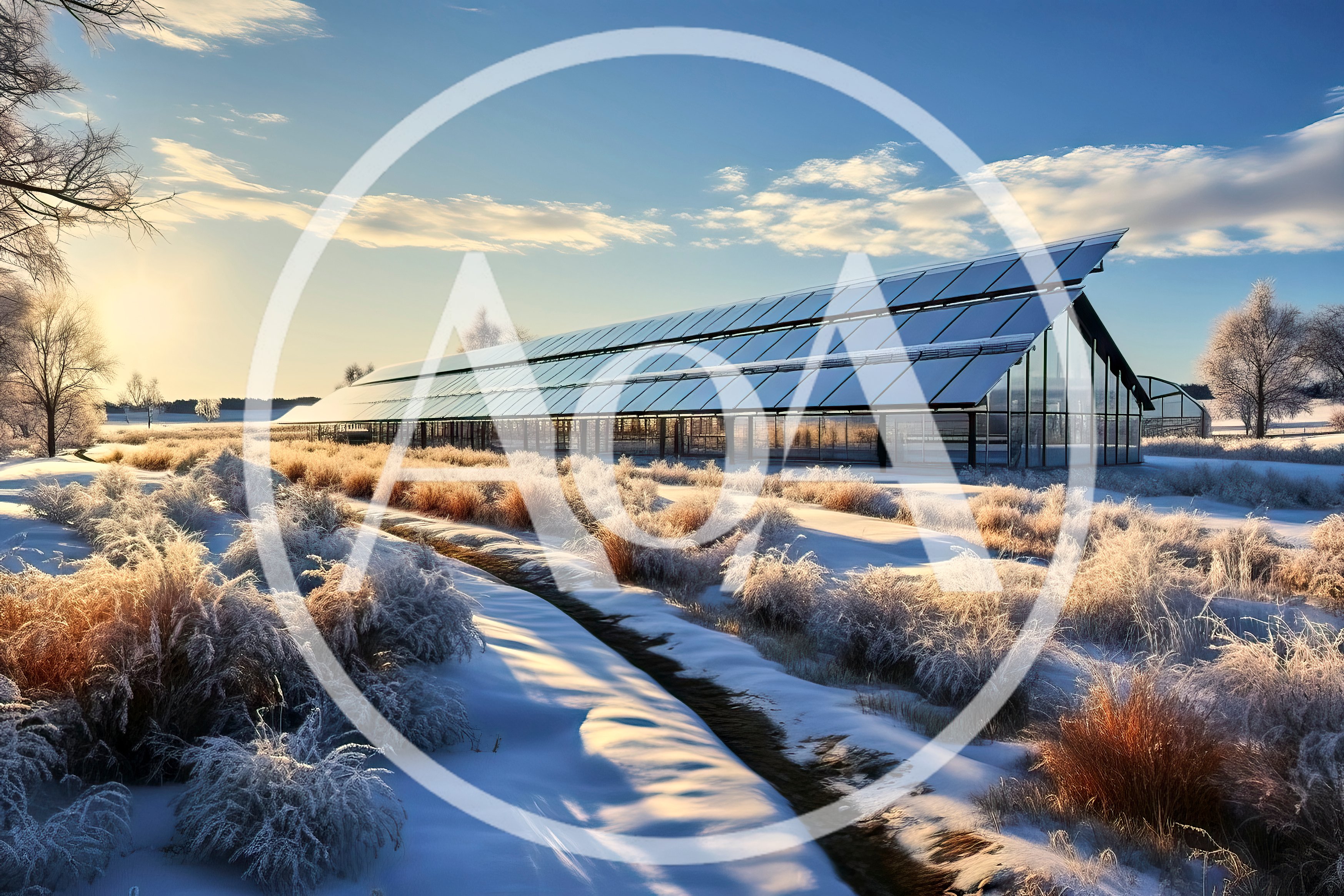 Modern Greenhouse Structure In A Snowy Winter Landscape