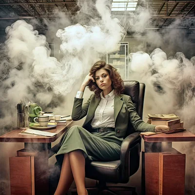 Professional Businesswoman Sitting At Desk In Smoky Office