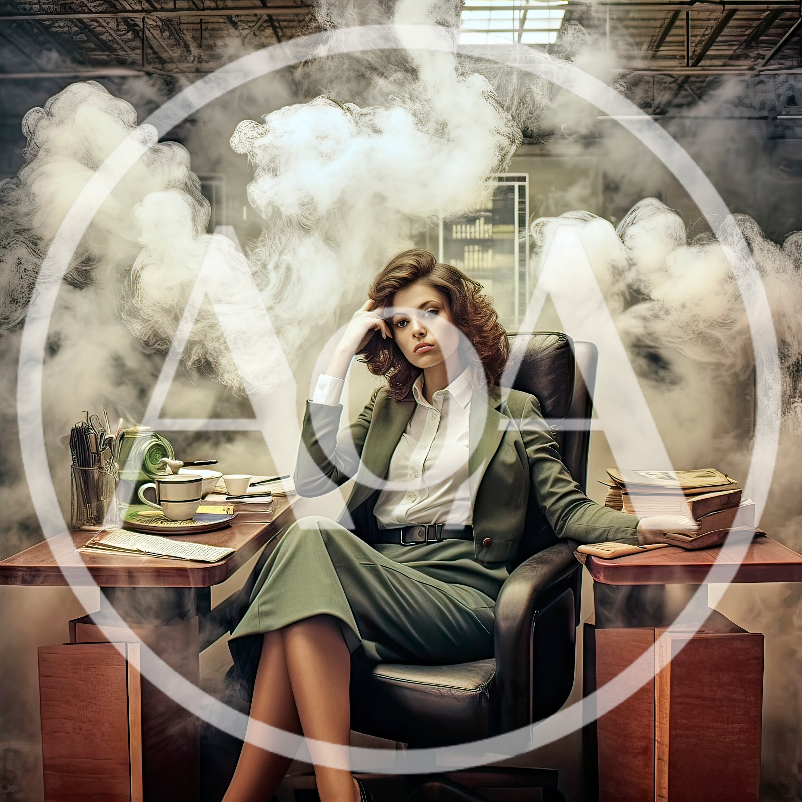 Professional Businesswoman Sitting At Desk In Smoky Office