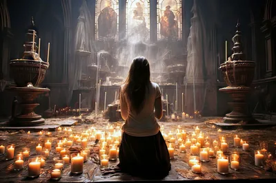 Woman Kneeling In Prayer Surrounded By Many Candles