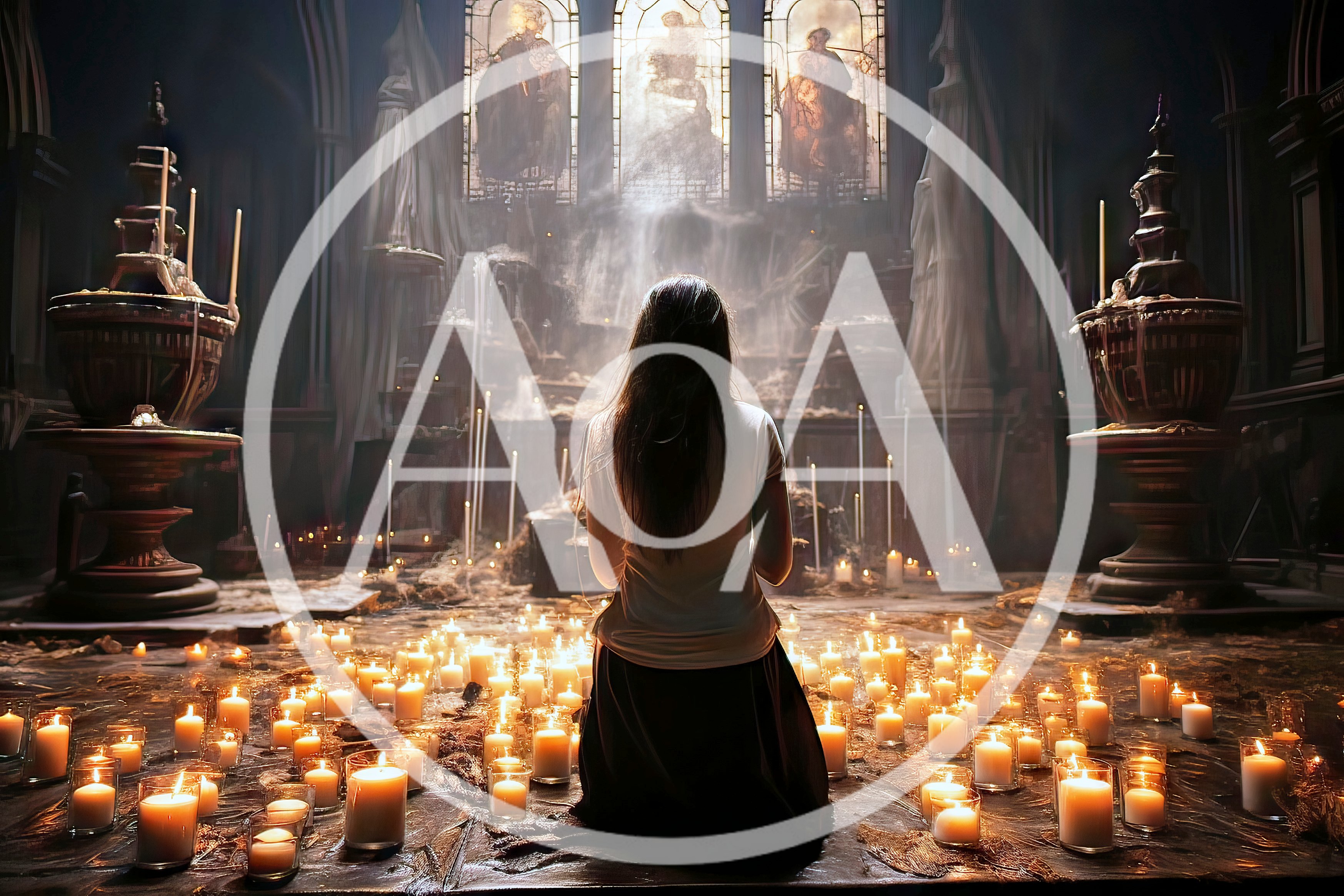Woman Kneeling In Prayer Surrounded By Many Candles