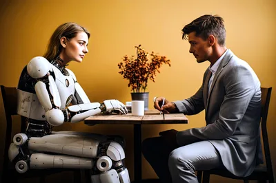 Human Man and Female Android Having Coffee