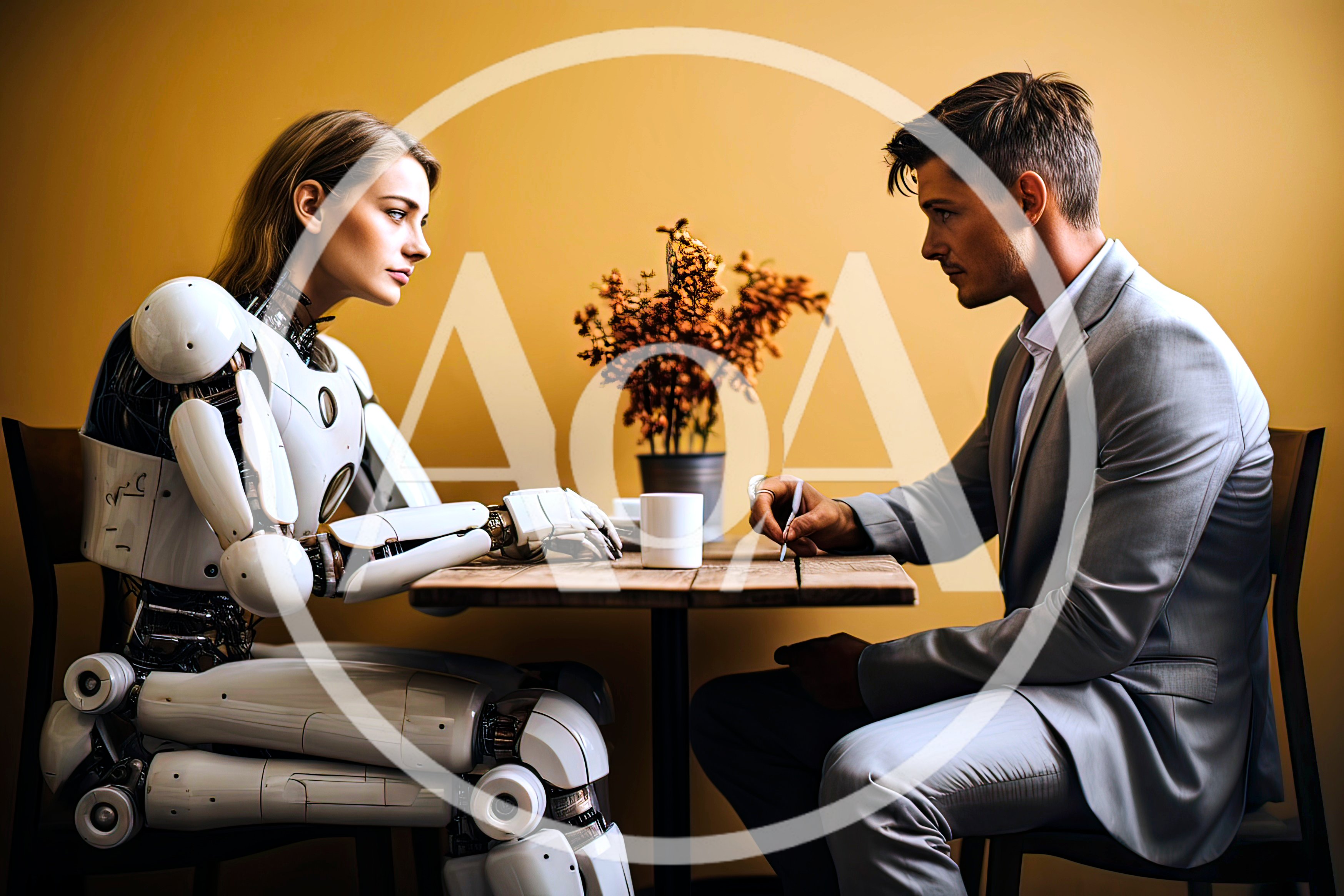 Human Man and Female Android Having Coffee